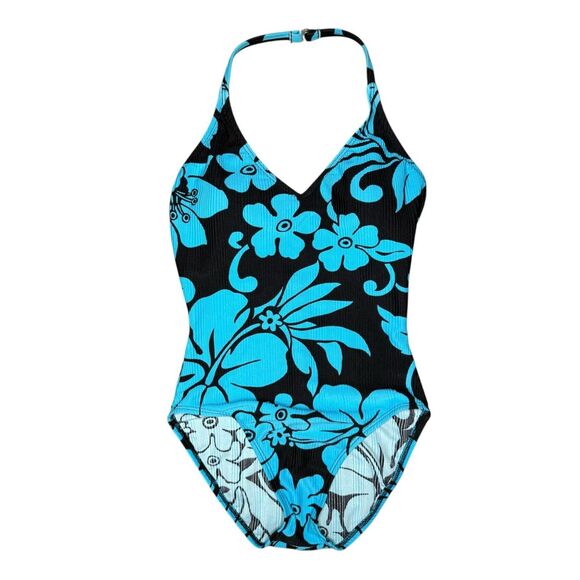 Vintage Cole of California Women’s 8 One Piece Swimsuit Black Blue Floral 90s - Picture 1 of 5